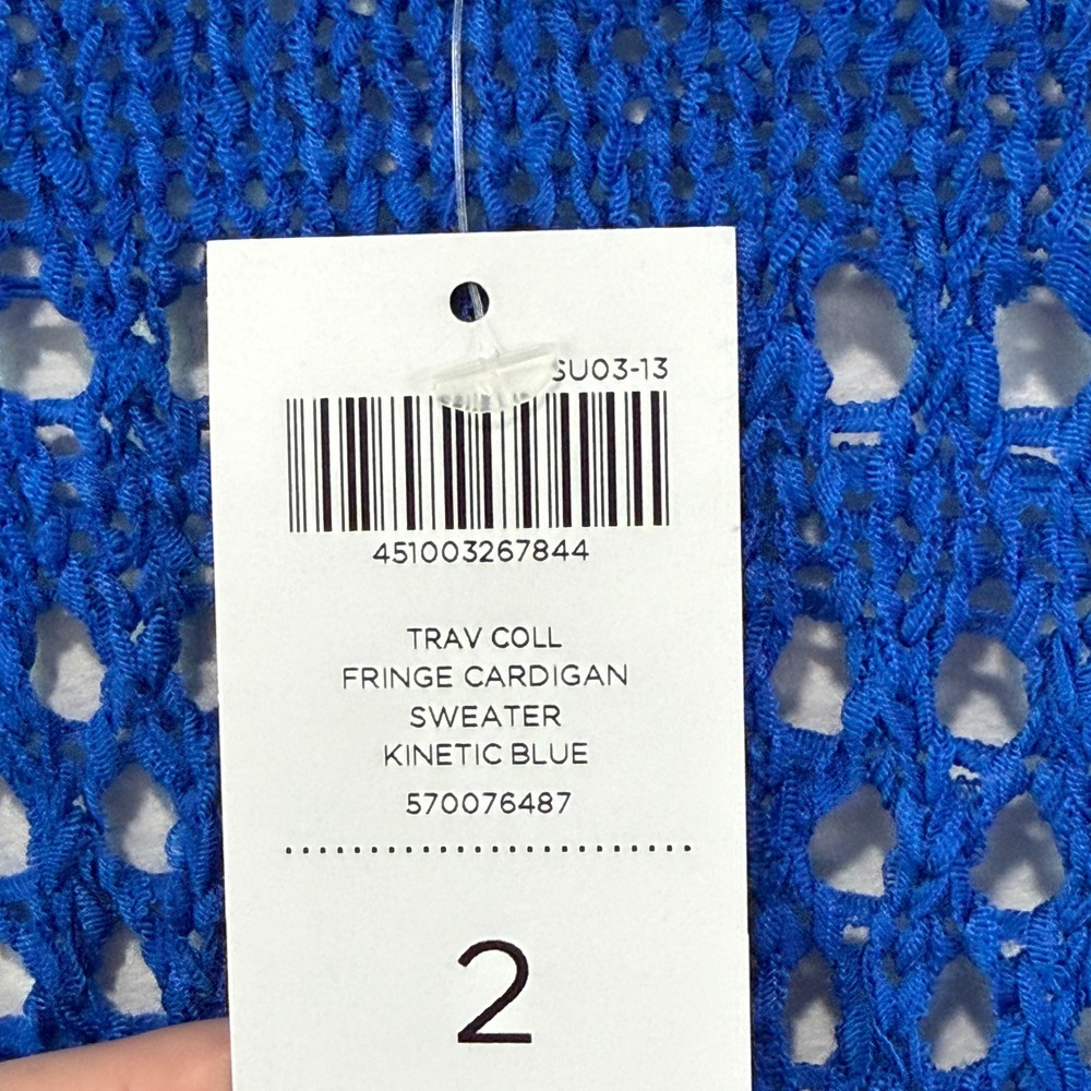 NWT Chico's Travelers Fringe Cardigan L 2 Kinetic Blue Open Knit Coastal Preppy - Picture 5 of 8